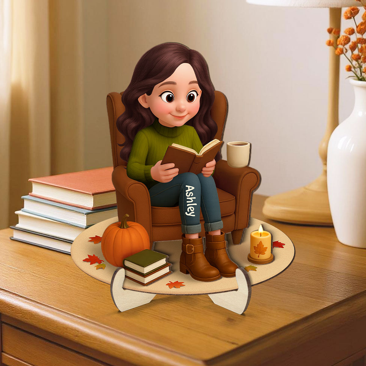 Fall Girl Reading Book On Armchair Personalized 2-Layer Wooden Plaque