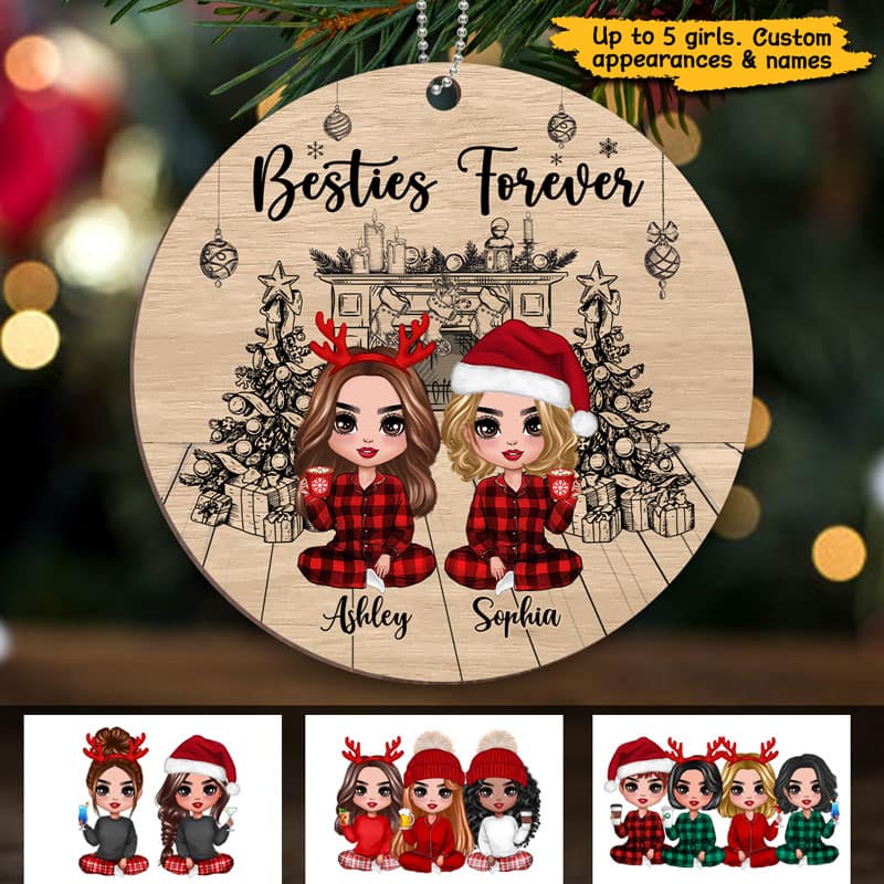 Christmas Outline Background Doll Besties Sisters Personalized Wooden Ornament