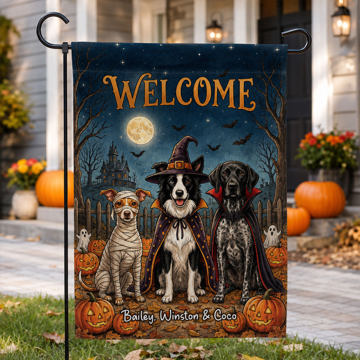 Vintage Dog Cat Halloween Night Photo Upload - Personalized Garden Flag - Halloween Gift For Dog Mom, Cat Mom