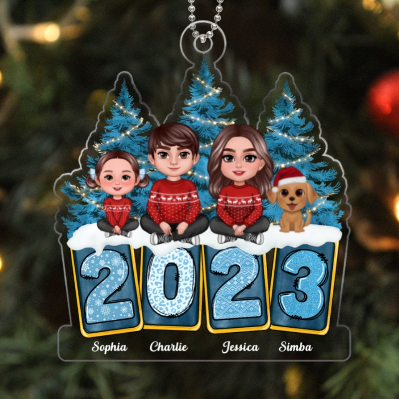 Family Sitting Crossed Legs Winter Vibes Yellow Blue Leopard Christmas Tree 2023 Personalized Acrylic Ornament