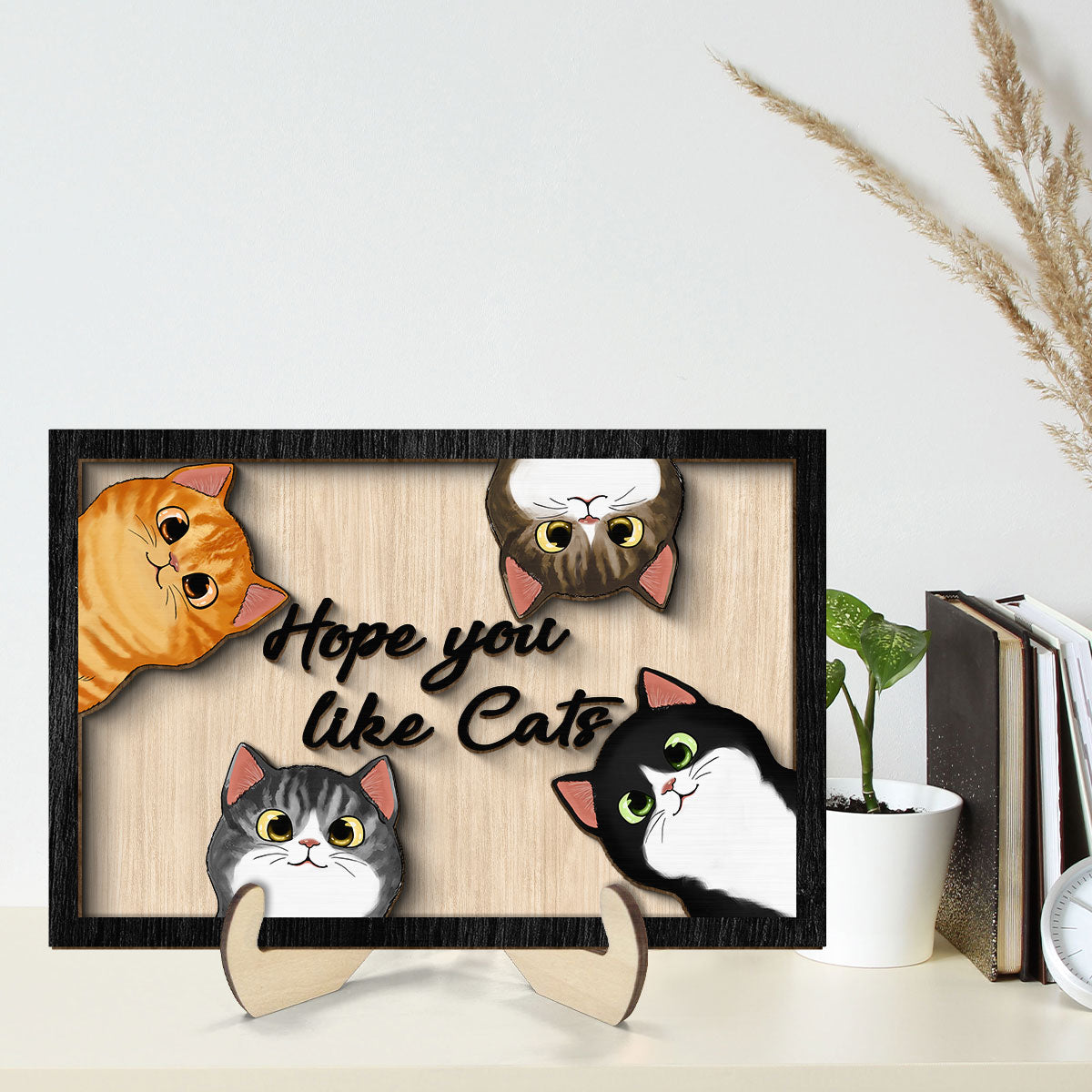 Hope You Like Cats Peeking Fluffy Cats Personalized 2-Layer Wooden Plaque