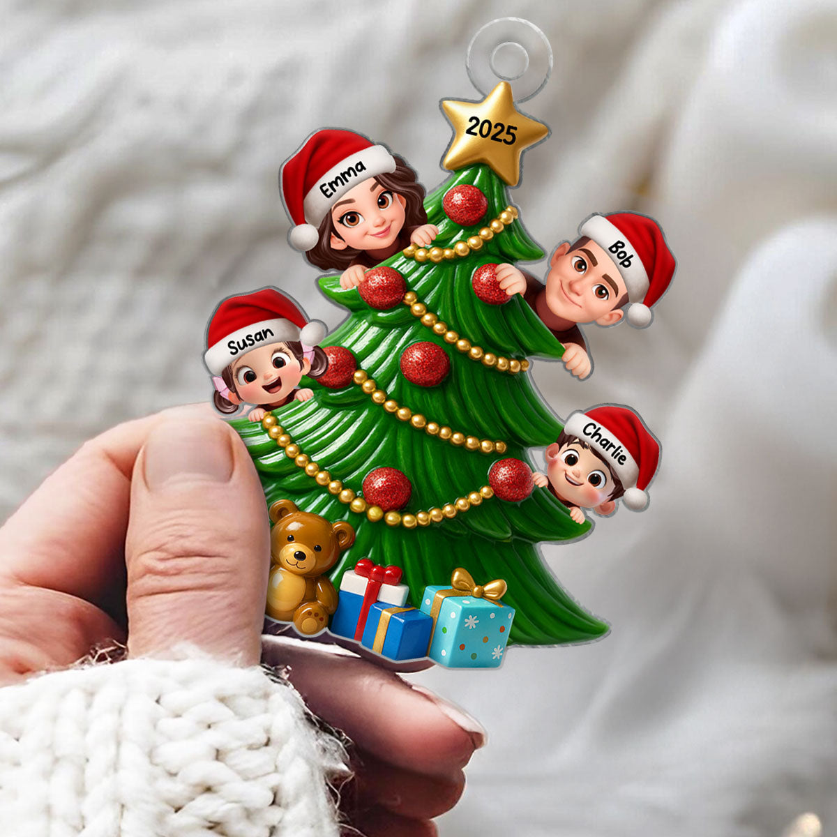 Family Peeking on Christmas Tree Personalized Acrylic Ornament, 2025 Thoughtful Christmas Gift for Family, Husband, Wife