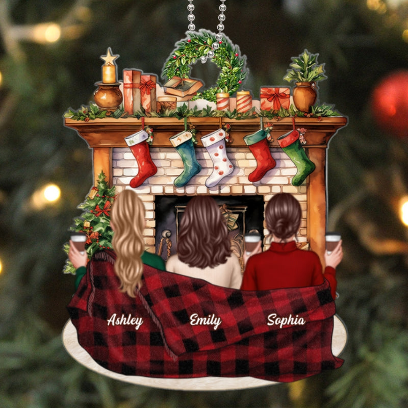 Besties Sisters Sitting Front Fireplace Personalized Acrylic Ornament
