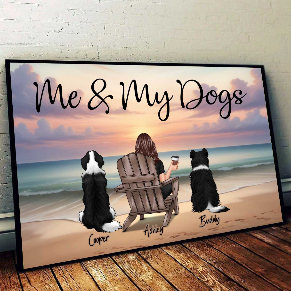 Single Person Me And The Dogs Cats Realistic Beach Landscape Personalized Poster