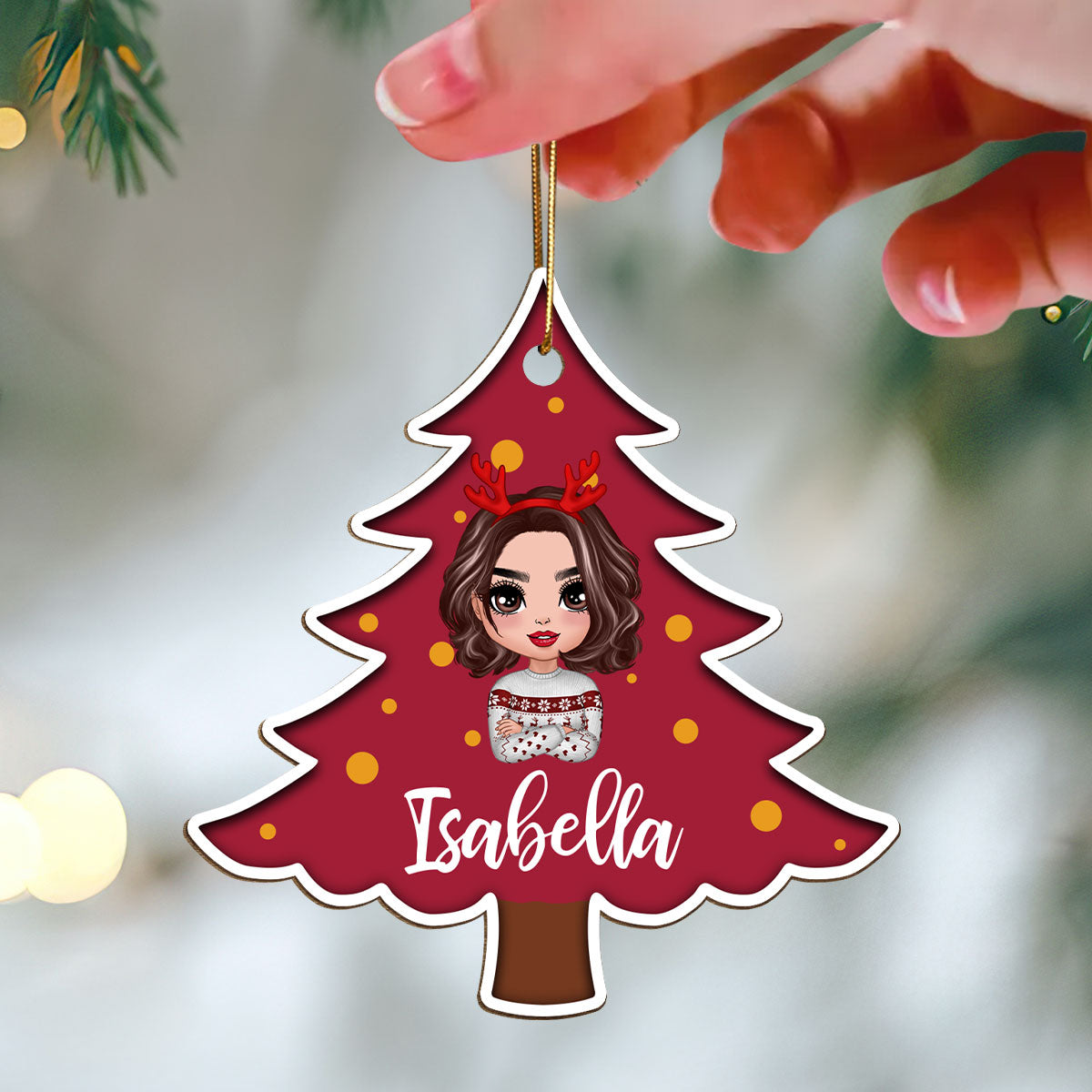 Polka Dot Pattern Christmas Tree Custom Character Family Member Gift For Kids Adult Personalized Wooden Ornament