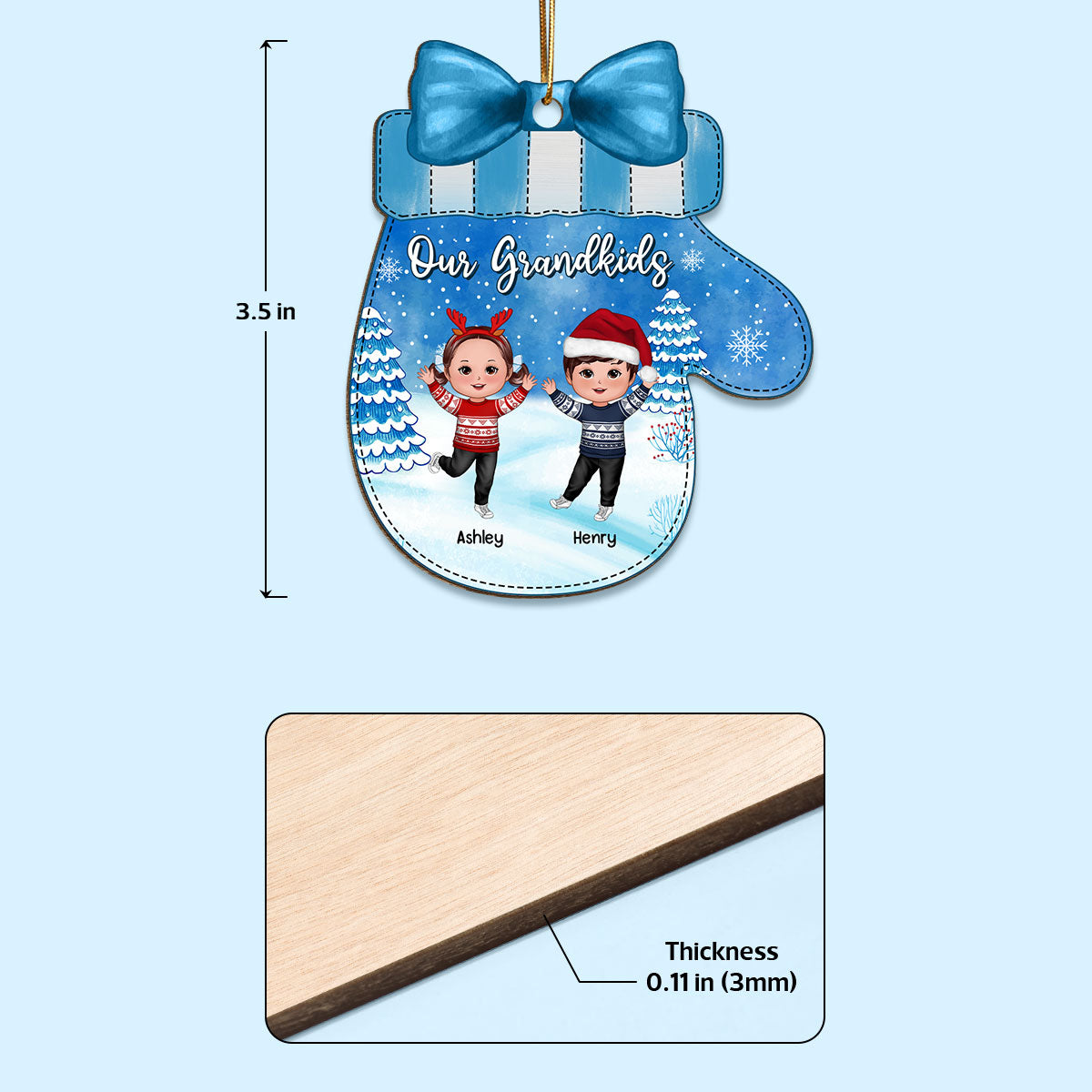 Happy Kids In Snow Glove Shaped Personalized Wooden Ornament
