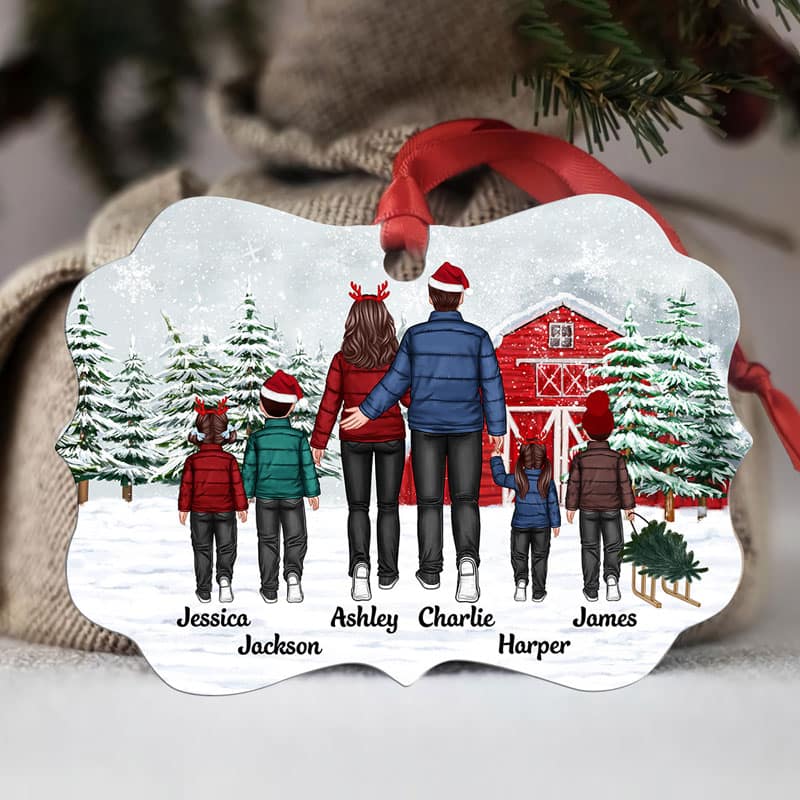 Back View Family Go To Christmas Tree Farm Personalized Christmas Ornament
