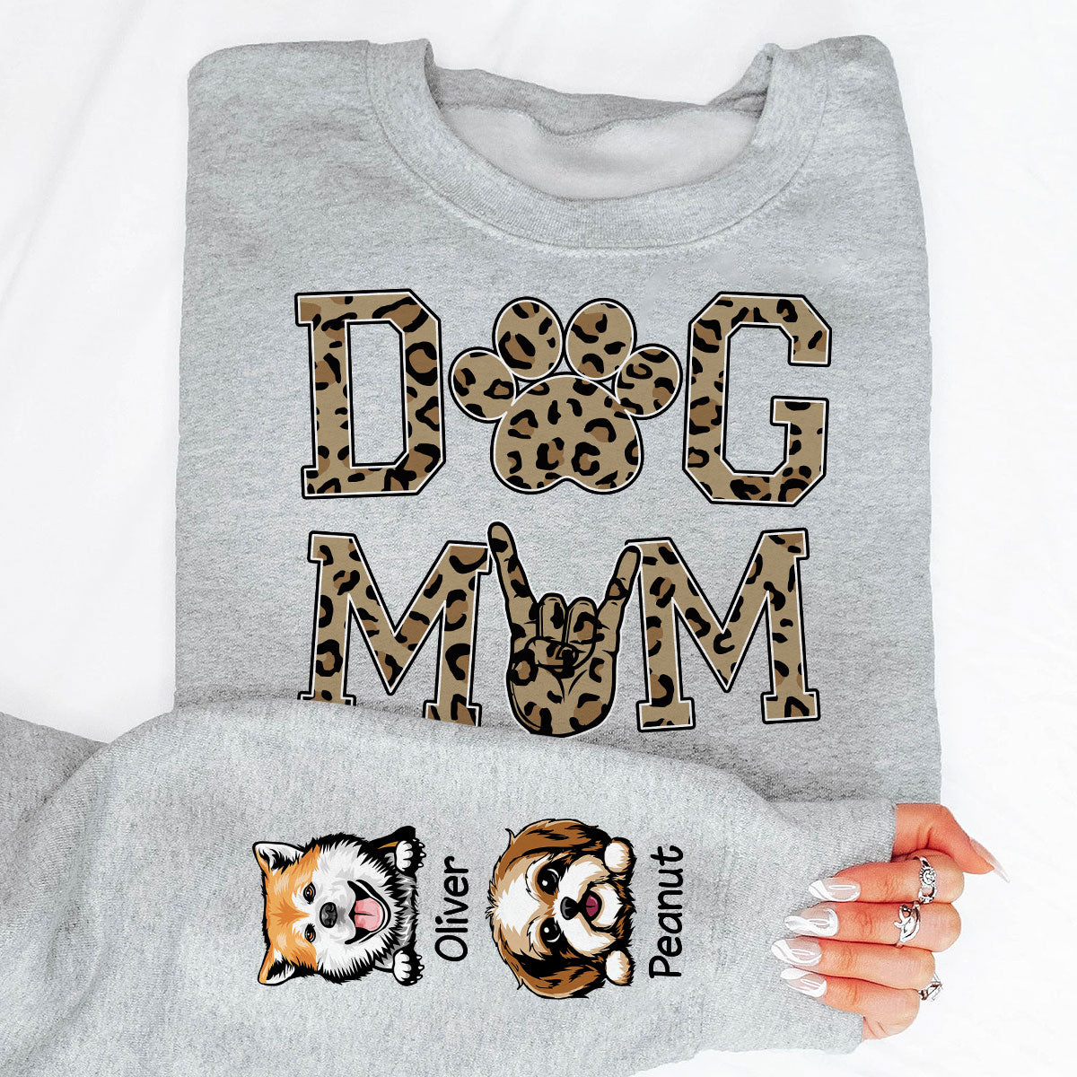 Dog Mom Leopard Peeking Dog, Gift For Dog Mom, Fur Mama, Personalized Sleeve Printed Sweatshirt