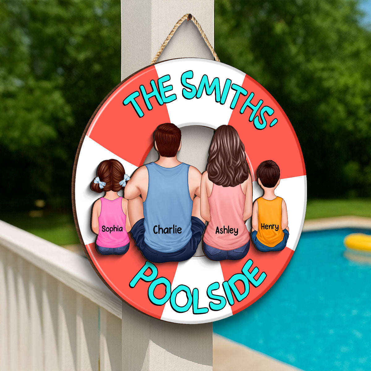 Family Sitting Back View Poolside Swimming Float Personalized 2-Layer Wood Sign