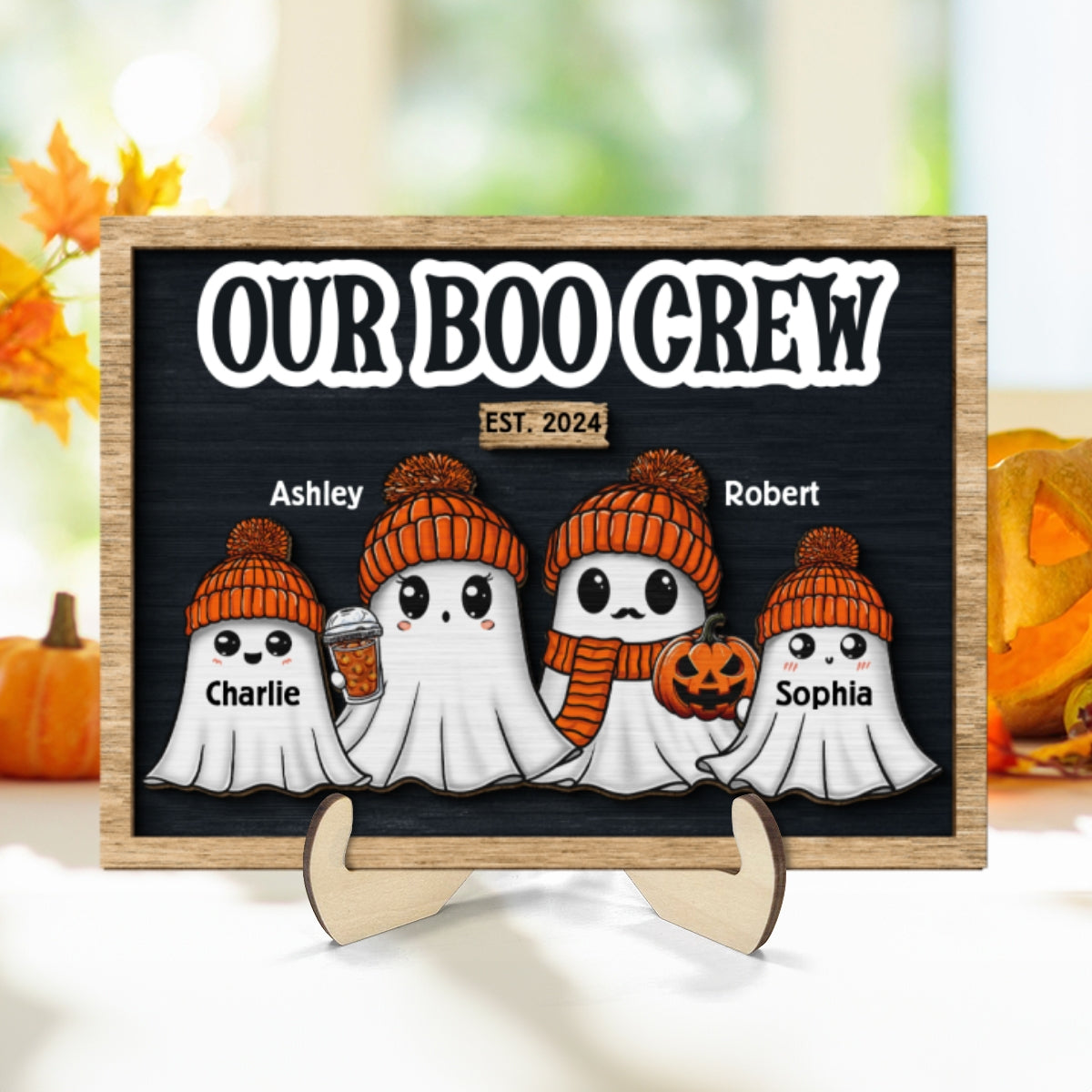 Family Our Boo Crew Fall Season Halloween Personalized 2-Layer Wooden Plaque, Halloween Decoration, Tabletop Tier Tray Decor