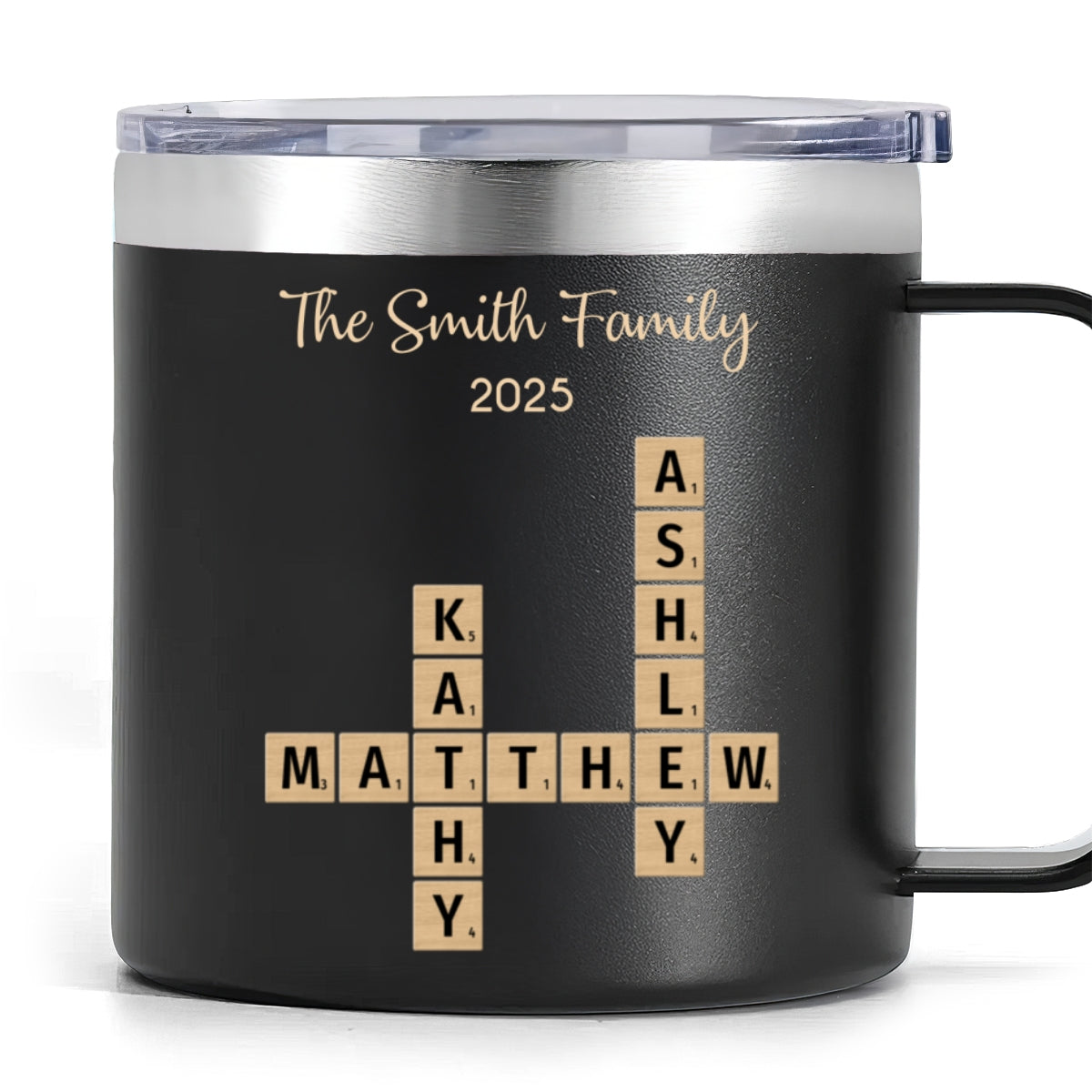 Family Members Names Crossword Puzzle Art Personalized Stainless Steel Tumbler With Handle