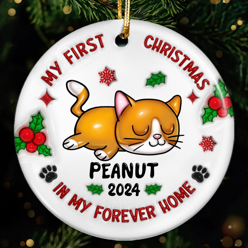 First Christmas In My Forever Home 3D Inflated Cat Lover Personalized Ceramic Ornament