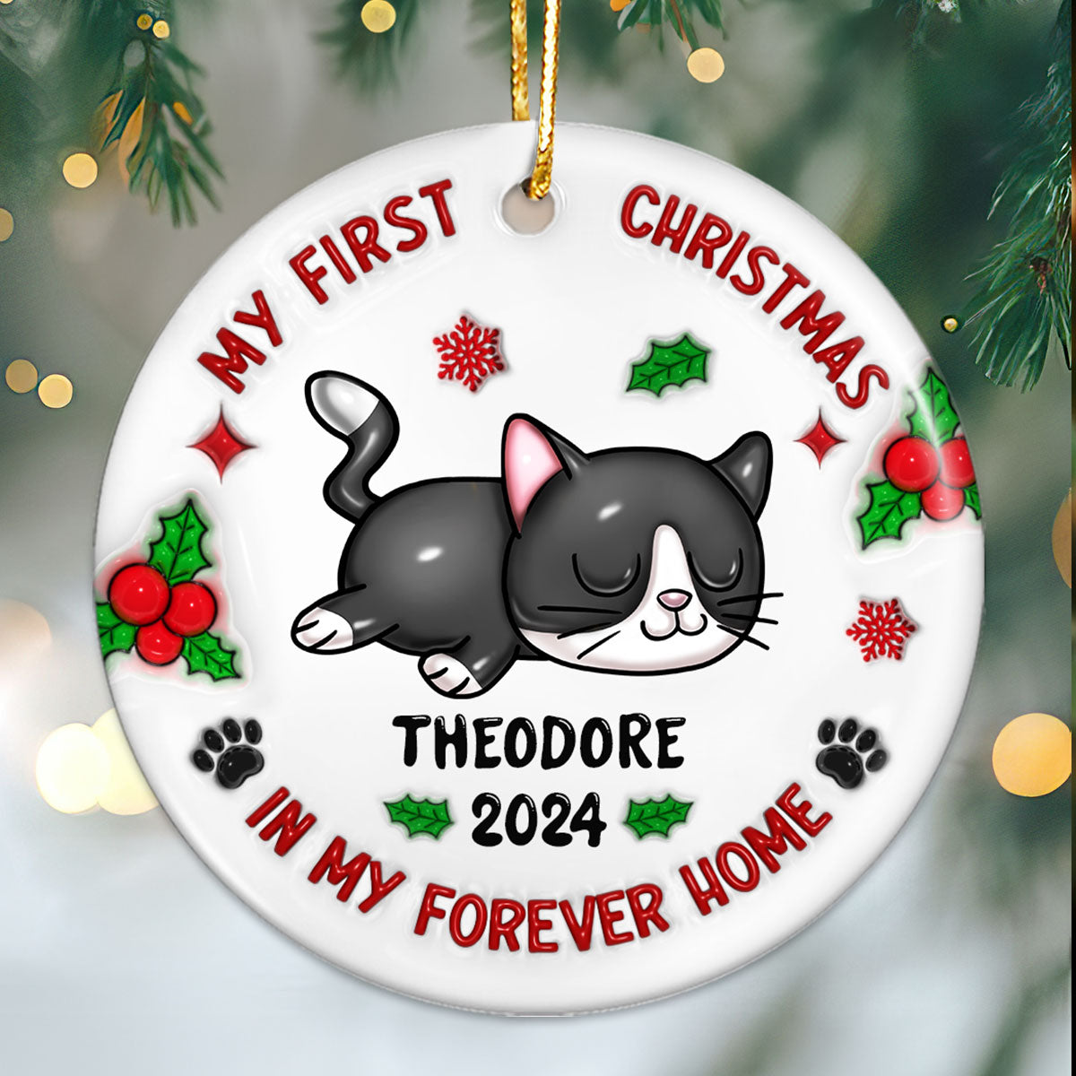 First Christmas In My Forever Home 3D Inflated Cat Lover Personalized Ceramic Ornament