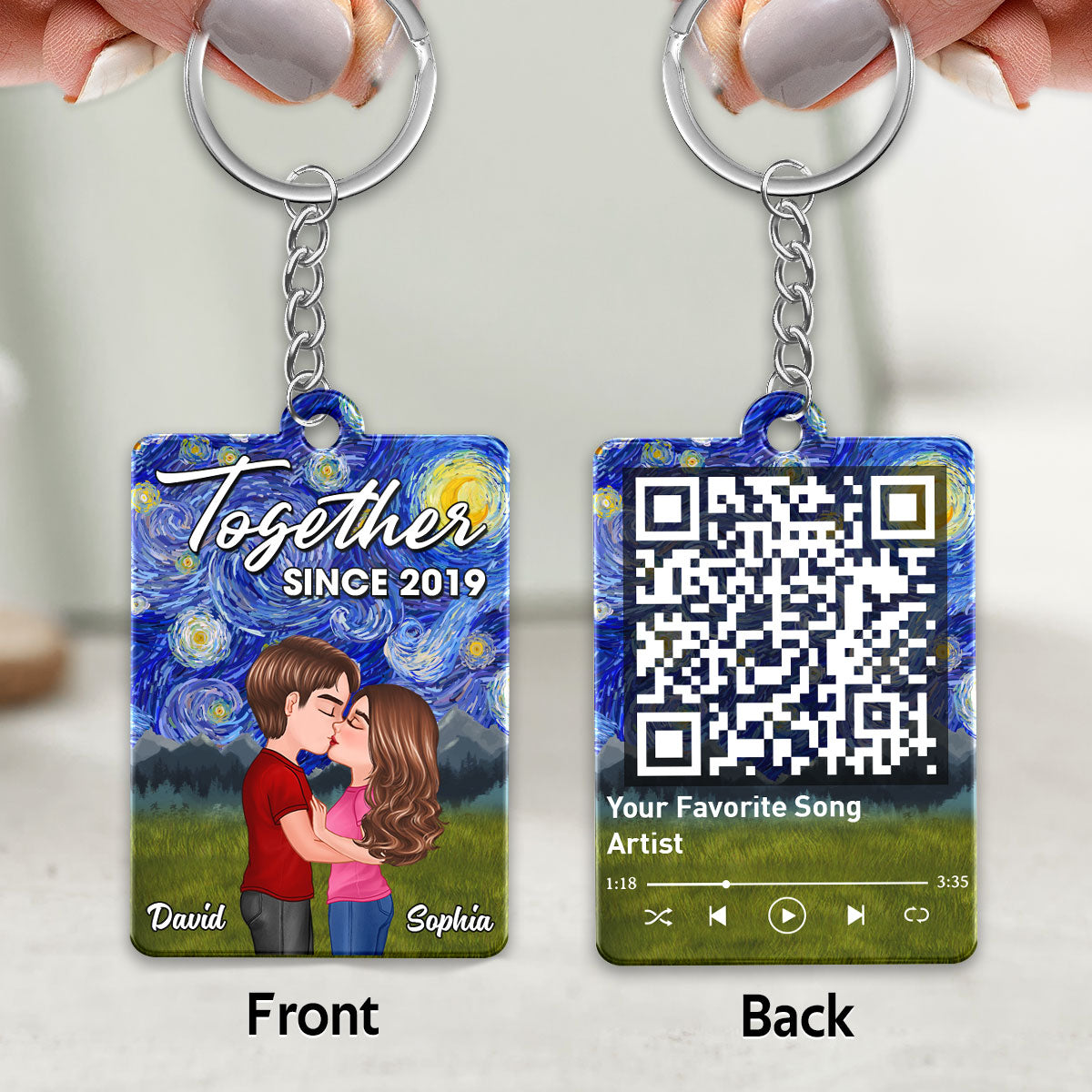 Night Sky Swirl Glowing Moon Couple Kissing Favorite Song QR Code Personalized Acrylic Keychain