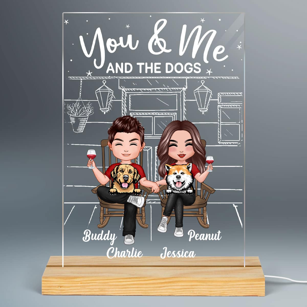 Couple And The Dogs Front Porch Personalized Plaque LED Night Light, Acrylic LED Lamp