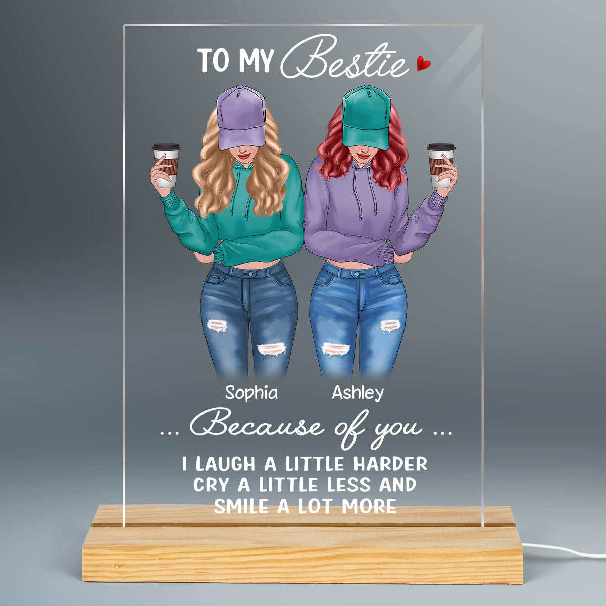 Front View Besties To My Bestie Personalized Rectangle Acrylic Plaque With LED Night Light - Gift For Best Friends