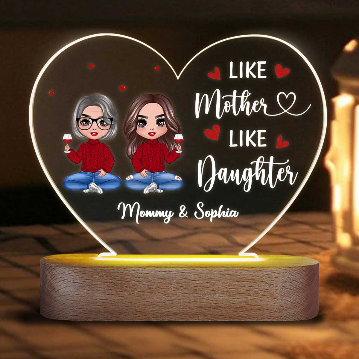 Doll Mother And Daughters Sitting Personalized Acrylic Heart Plaque LED Night Light