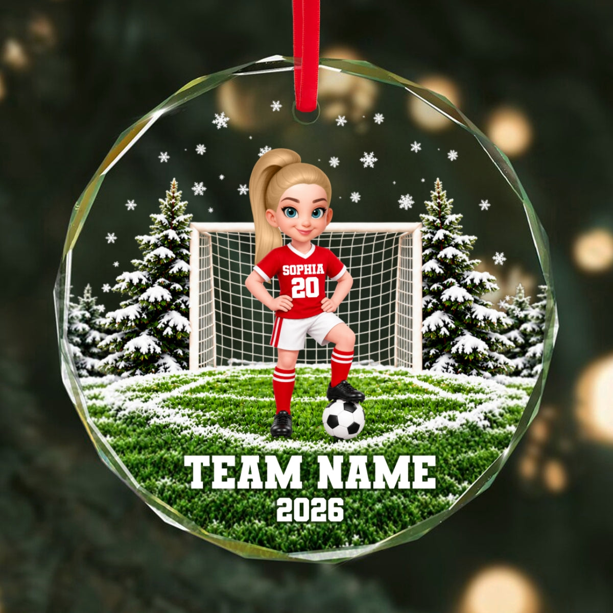 Soccer Player 2D Flat - Personalized Glass Ornament – Custom Boy & Girl Soccer Christmas Keepsake, Team Name & Year, Gift for Soccer Lovers