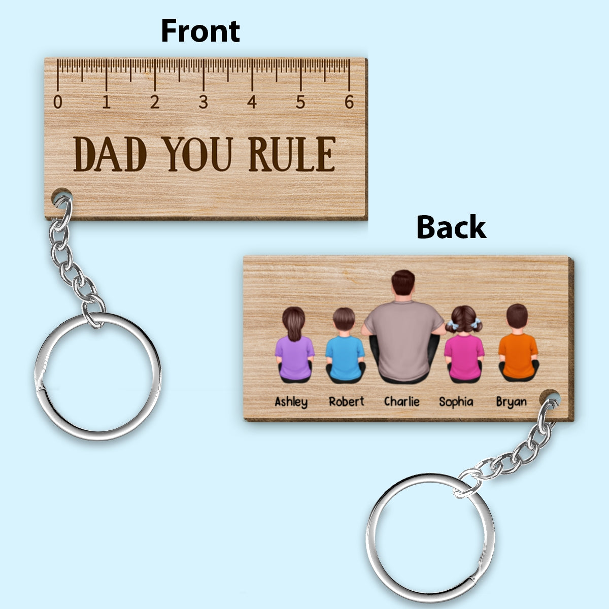 Dad You Rule Back View Man Kids Dog Cat Father‘s Day Gift Personalized Wooden Keychain
