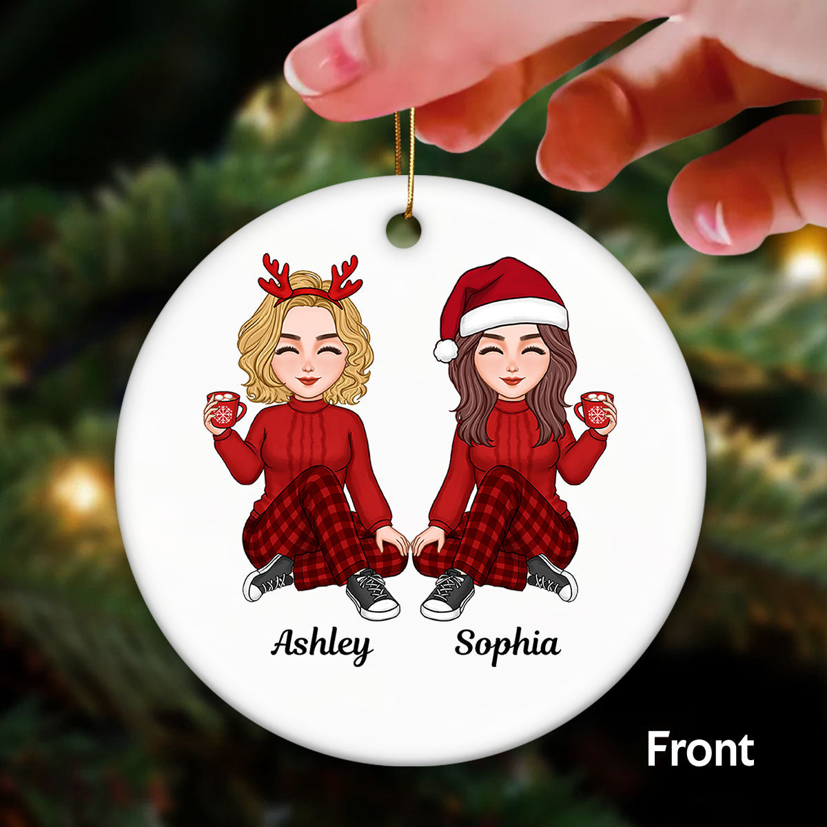 Cute Besties Long Distance Christmas Gift Personalized Double Sided Circle Ornament