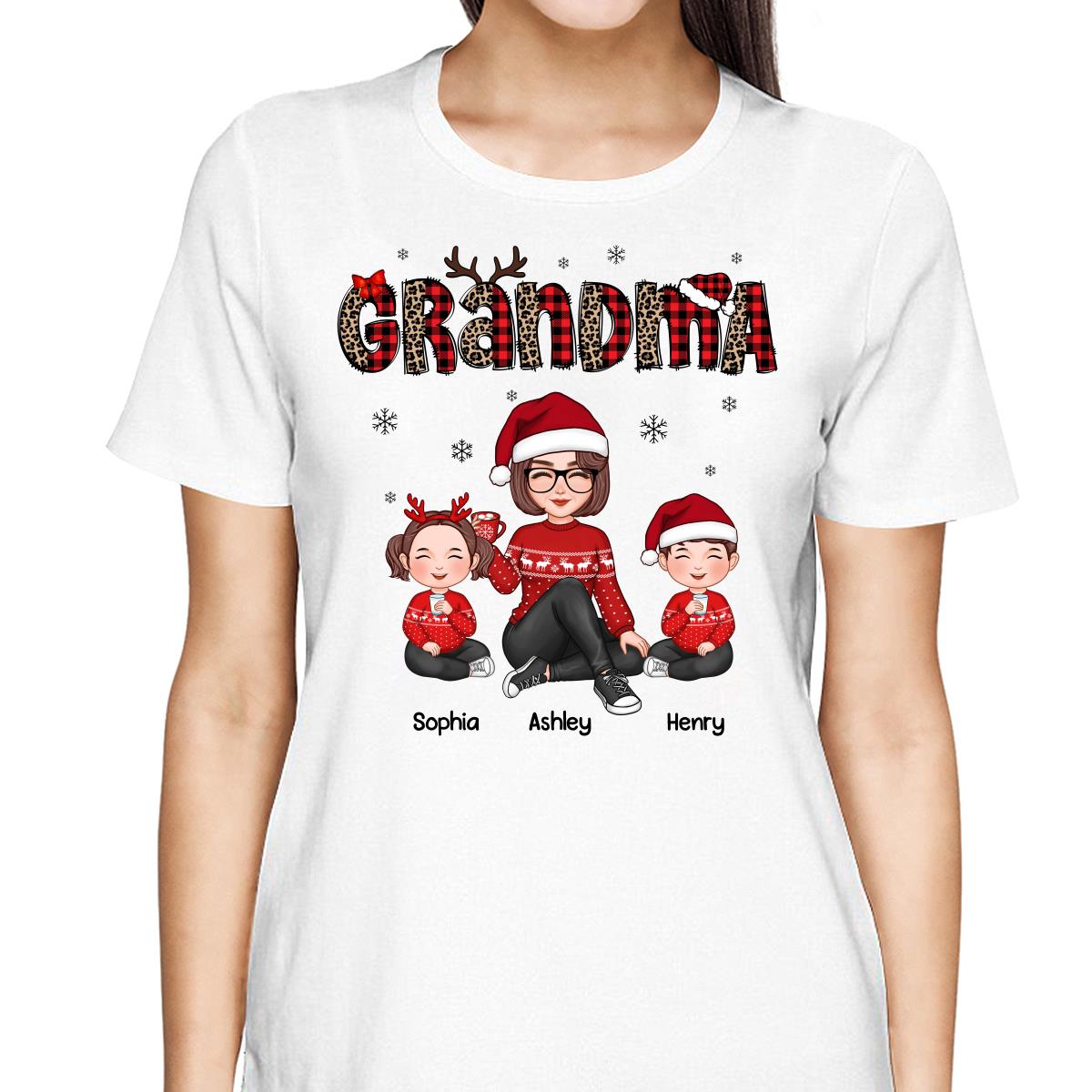 Leopard & Checkered Plaid Christmas Pattern Grandma & Grandkids Personalized Shirt