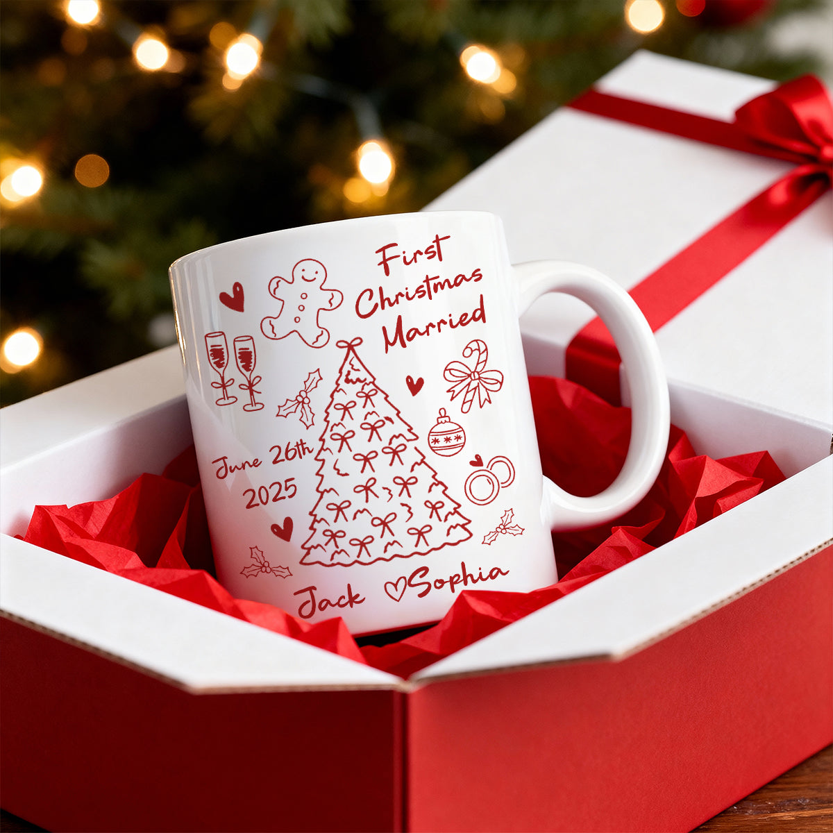 First Christmas Married Doodle Pattern - Personalized Mug - Christmas Gift For Him, For Her, For Couple