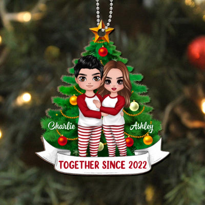 Pajamas Doll Couple Standing Christmas Tree Personalized Wooden Ornament