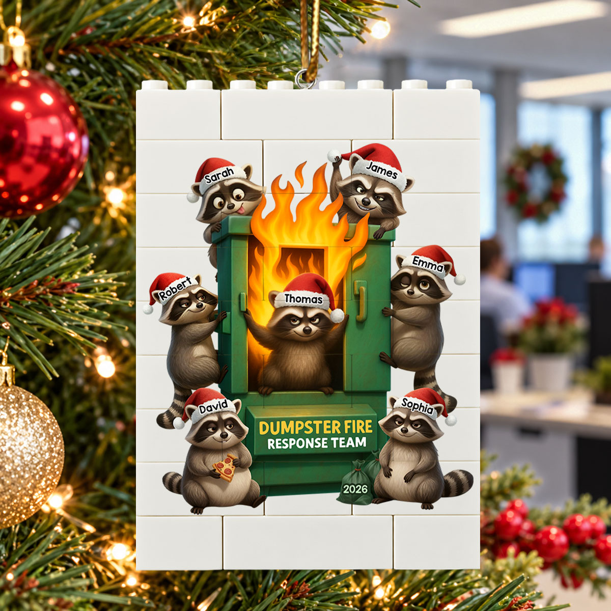 Cunning Raccoon Office Chaos Dumpster Fire Response Team - Personalized Building Blocks Ornament - Funny Christmas Gift For Colleagues, Coworkers