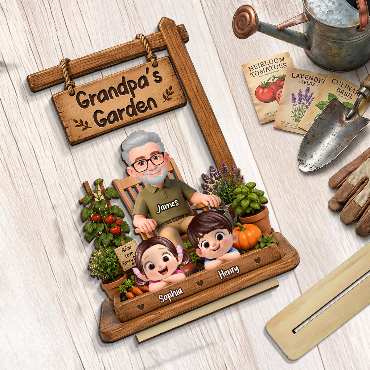 Grandpa's Garden - Personalized 2-Layered Wooden Plaque - Father's Day Gift for Dad, Husband