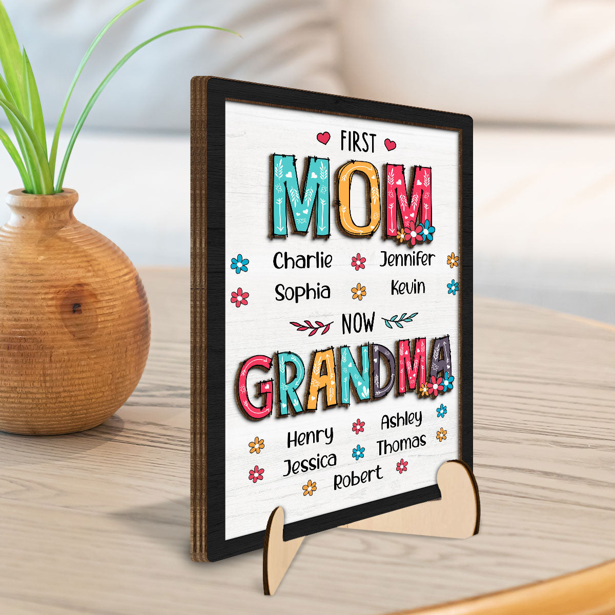 First Mom Now Grandma Floral Personalized 2-Layer Wooden Plaque