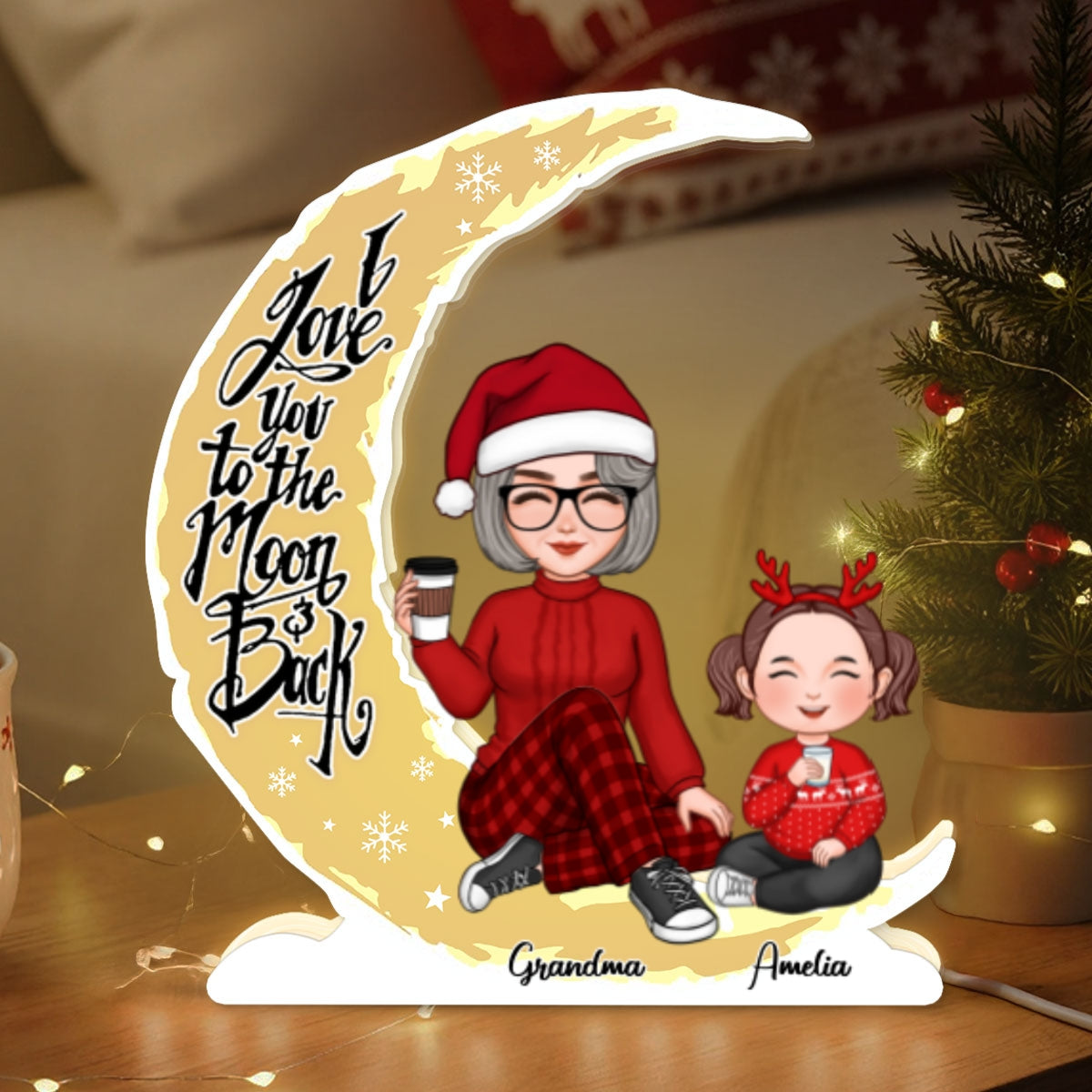 Cute Grandma & Grandkid On Yellow Moon Christmas Gift Personalized Light Box