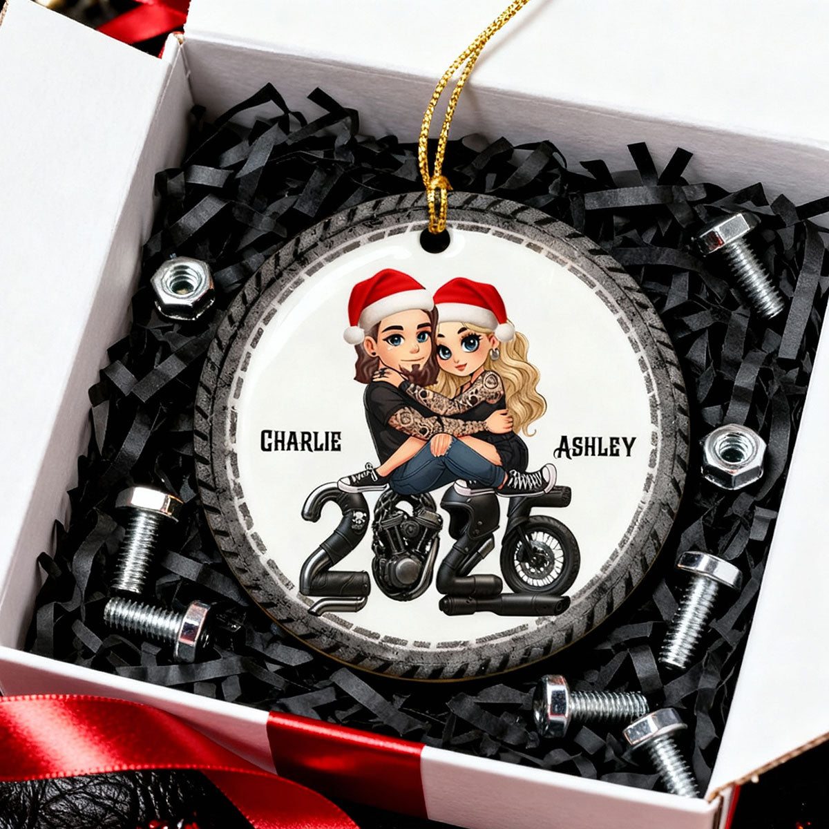 3D Effect Biker Couple Christmas - Personalized Ceramic Ornament - Gift For Bikers, Gift For Him, For Her