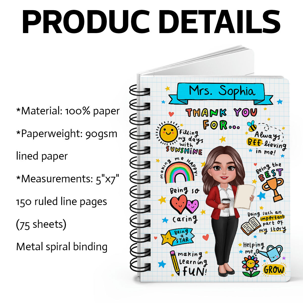 Message To Teacher Appreciation Gift Personalized Spiral Notebook Journal, Back To School Gift For Teacher