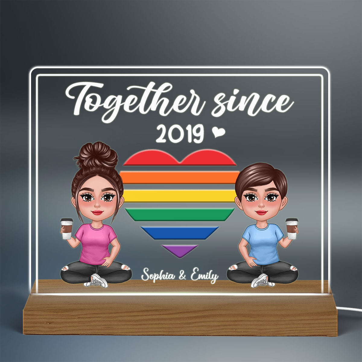 LGBT Doll Couple Sitting Together Since Personalized Acrylic Custom Shape LED Night Light
