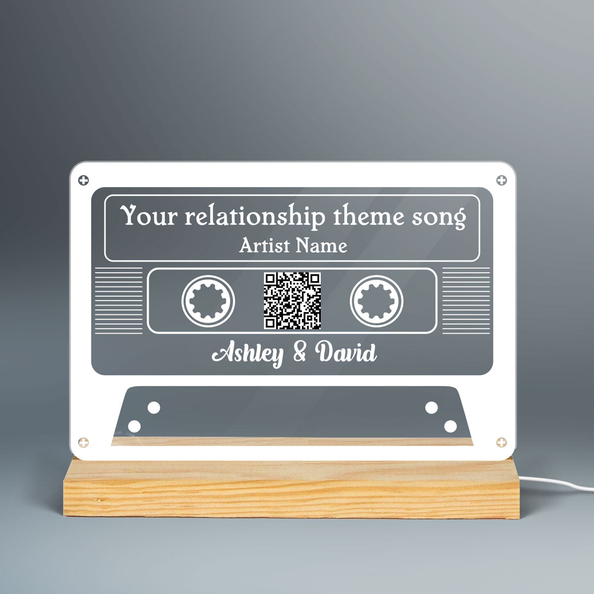 Couple Favorite Song Custom Message Scannable QR Code Personalized Cassette Tape Shaped Acrylic Plaque With LED Night Light