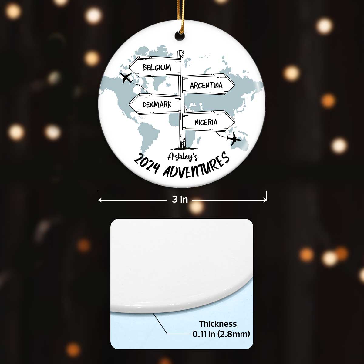 Post Signs Travel Adventure Personalized Ceramic Ornament, Traveling Christmas Ornament, Travel Gift