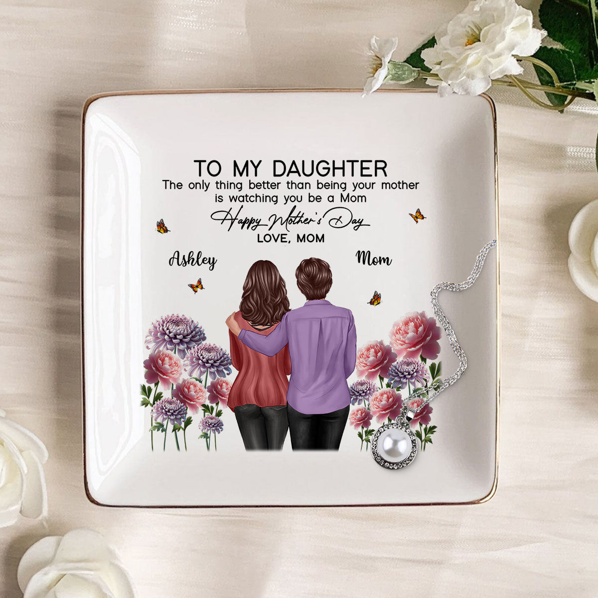 To My Daughter From Mom Happy Mother's Day Birth Flower Personalized Jewelry Dish, Gift For Daughter