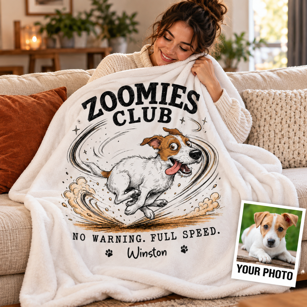 Zoomies Club Official Member Quirky Dog Portrait From Your Custom Pet Photo - Personalized Blanket - Funny Gift For Dog Cat Lover
