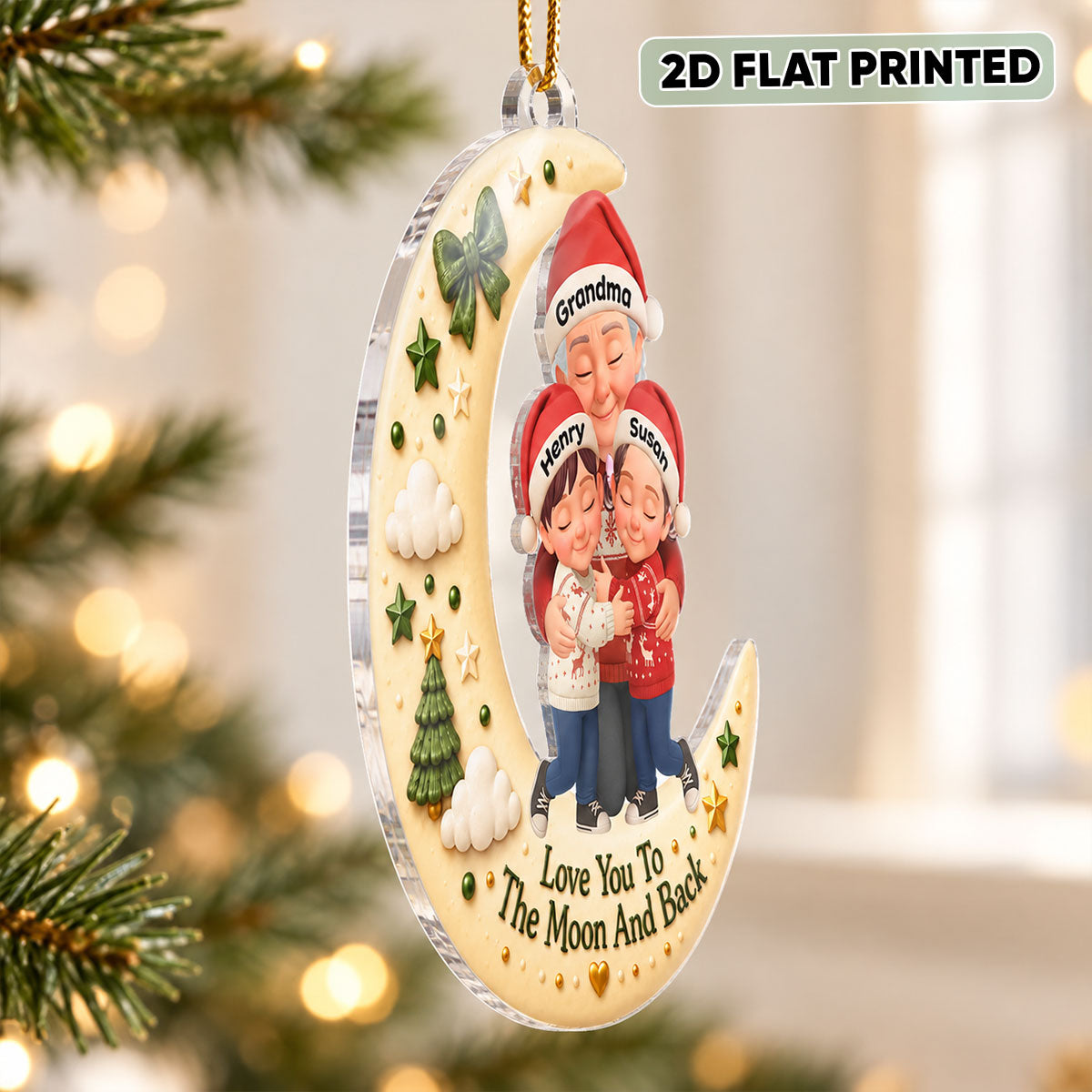 Grandma Hugging Grandkid Love to the Moon and Back - Personalized Acrylic Ornament - Christmas Gift for Grandma, Grandkids
