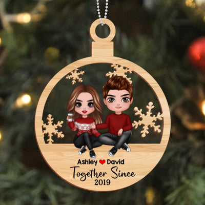 Couple Sitting Christmas Bauble Personalized Wooden Ornament