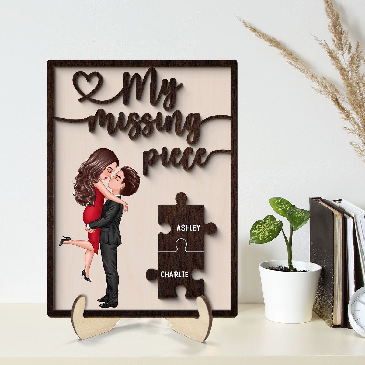 My Missing Piece Valentine‘s Day Gift For Her Gift For Him Dark Wood Themed Personalized 2-Layer Wooden Plaque