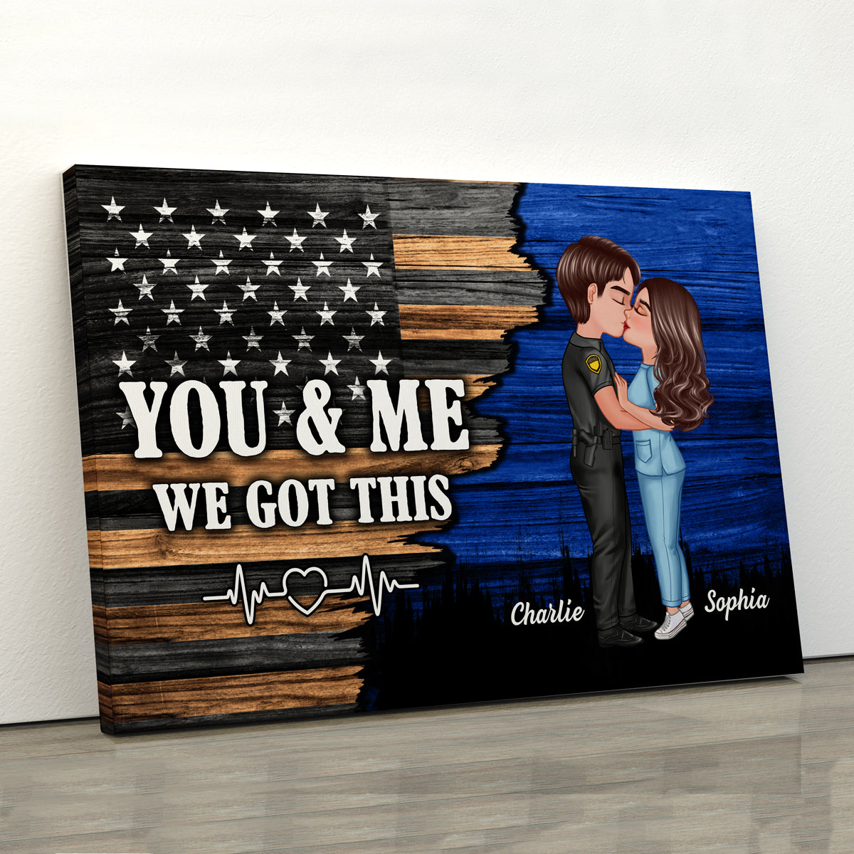 Hero Couple Kissing Half Flag Gifts by Occupation Firefighter, Nurse, Police Officer Personalized Canvas