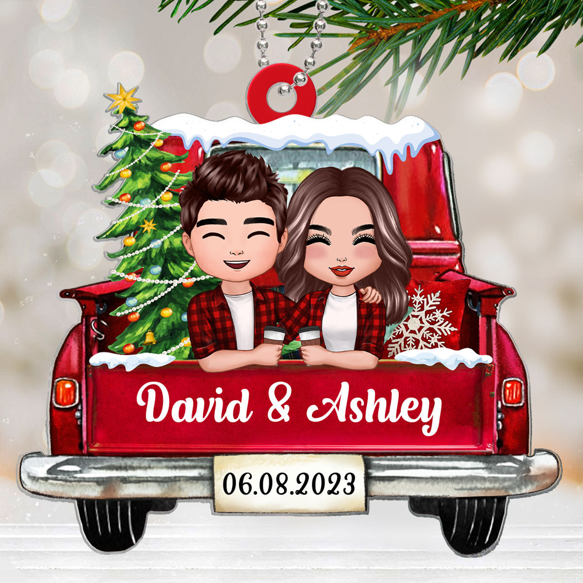 On Christmas Truck Doll Couple Hugging Holding Drinks Personalized Acrylic Ornament