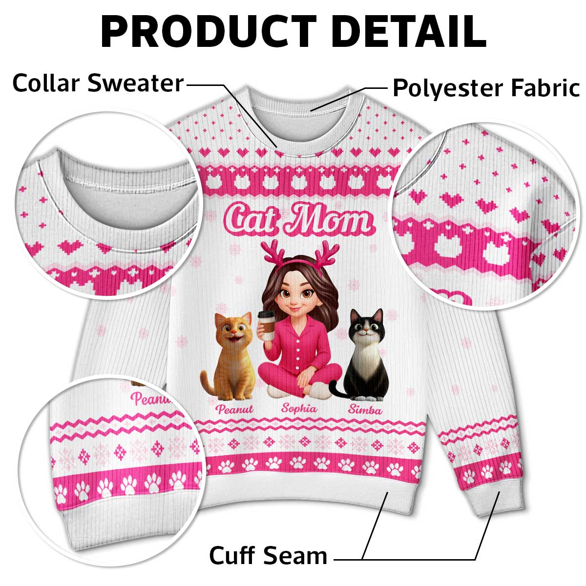 Christmas Pink Tone Cat Mom Faux Knitting Personalized Ugly Sweater