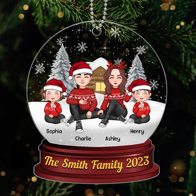 Family Sitting In Snow Globe Christmas Personalized Acrylic Ornament
