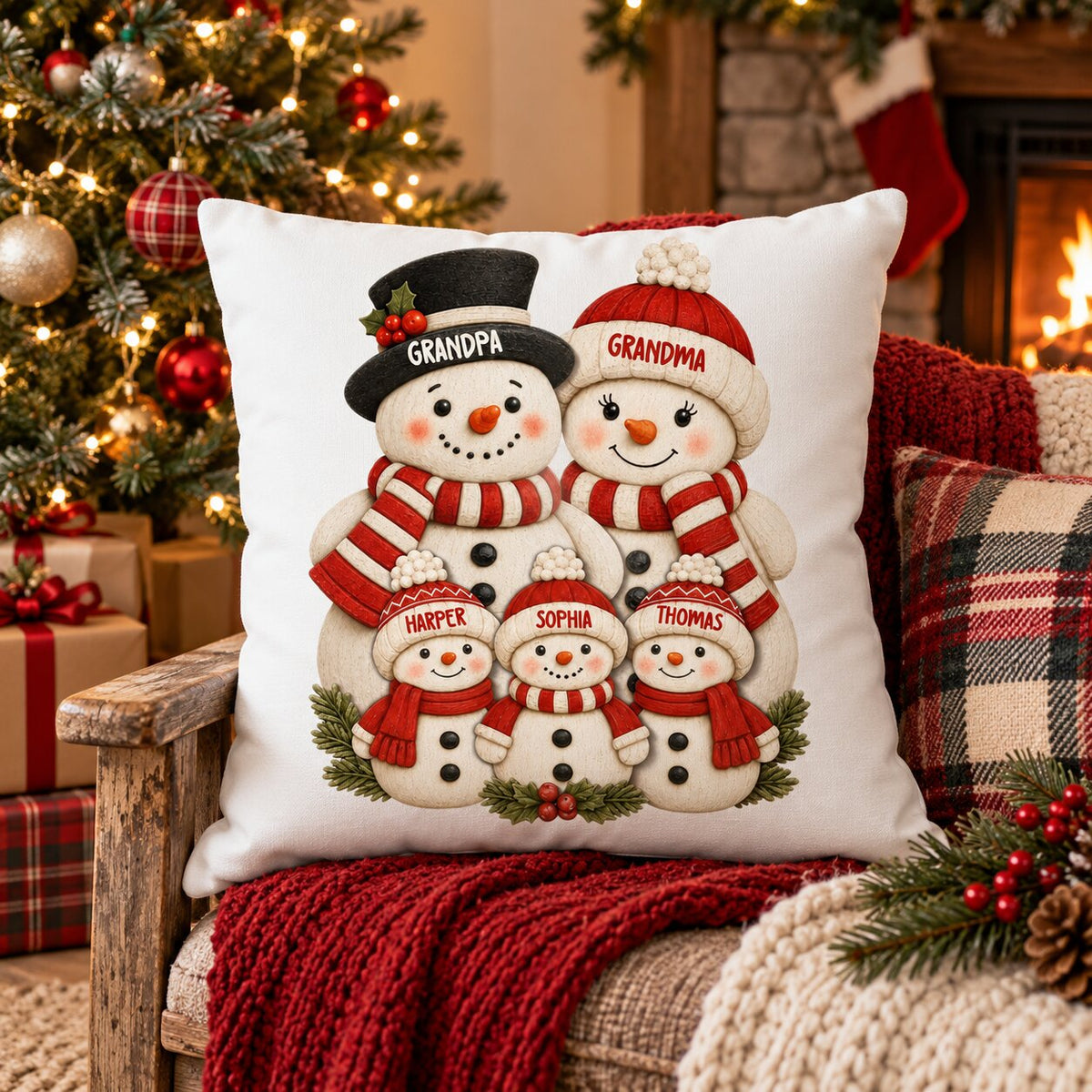 Cute Snowman Grandparents & Grandkids 2D Flat Printed - Personalized Pillow - Christmas Decor For Family, Grandma, Grandpa
