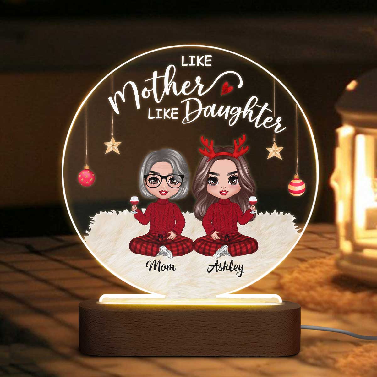 Doll Like Mother And Daughters Christmas Personalized Circle Acrylic Plaque LED Night Light