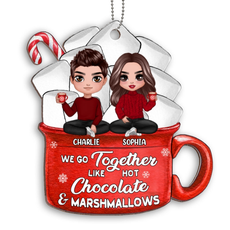 Doll Couple Sitting Hot Chocolate And Marshmallows Personalized Wooden Ornament