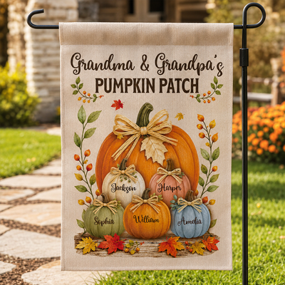 Grandma & Grandpa's Pumpkin Patch Watercolor - Personalized Garden Flag - Fall Season Decor For Grandparents