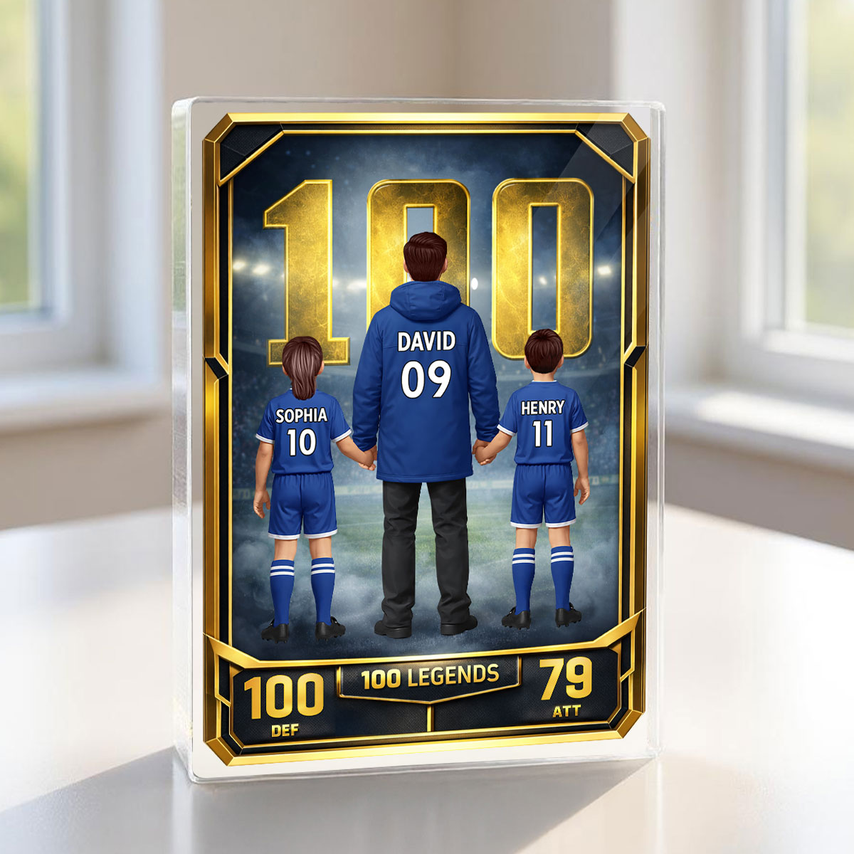 Father And Kids 100 Legends Trading Card - Personalised Acrylic Block Plaque - UK Father's Day Gift For Football Dad